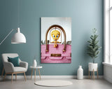 Pink-Birkin pop cinematic glass wall art in glamorous powder-room