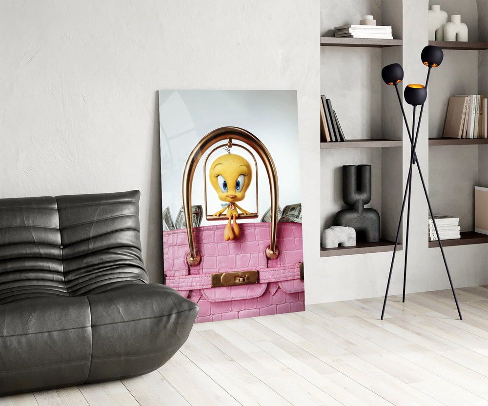 Looney-Tunes luxury cinematic glass wall art over modern dining sideboard