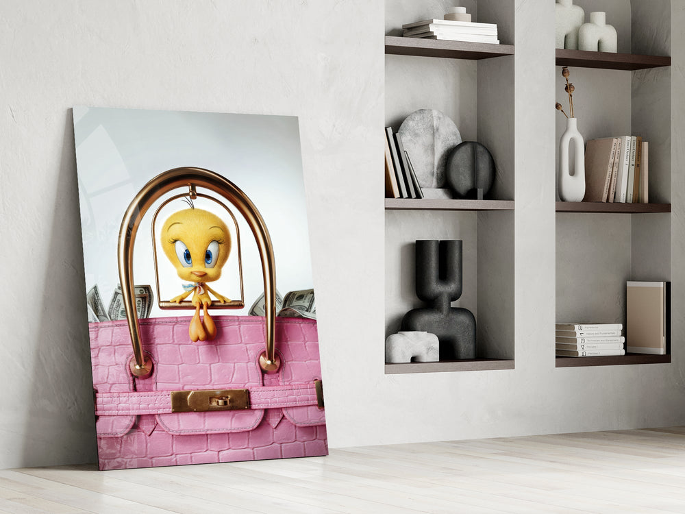 Cash-stuffed Birkin cinematic glass wall art in private library reading nook