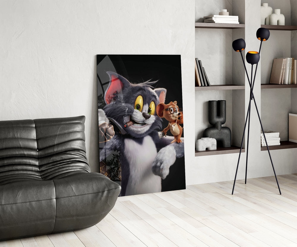 Cigar-smoking cat cinematic glass wall art over modern bar console