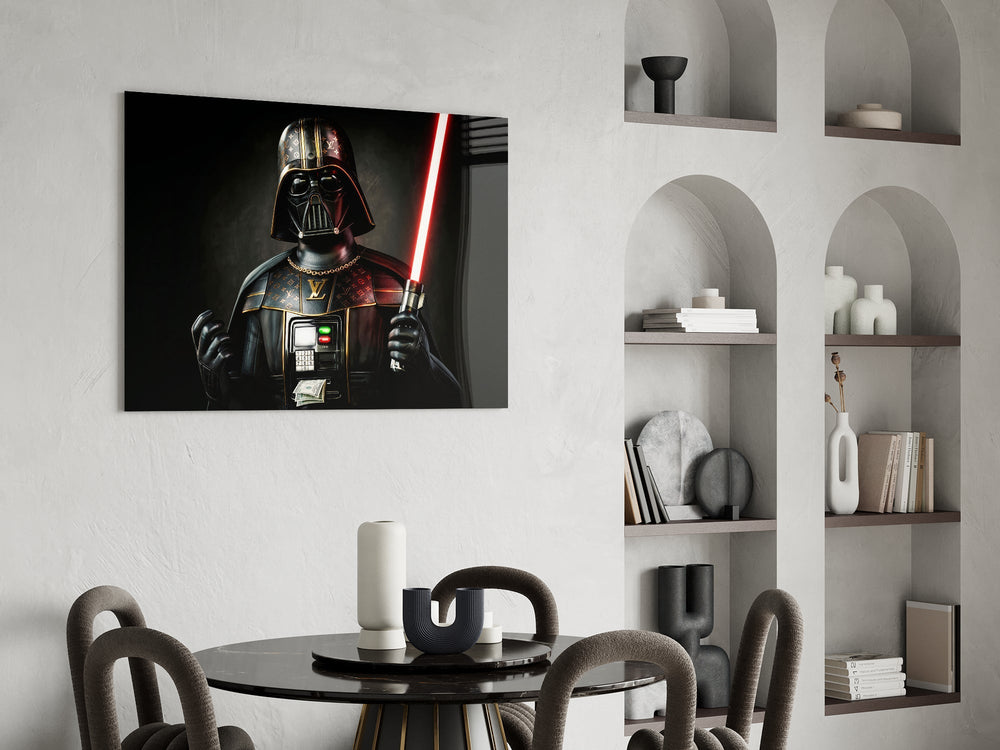 Sith Lord luxury cinematic glass wall art over modern bar console