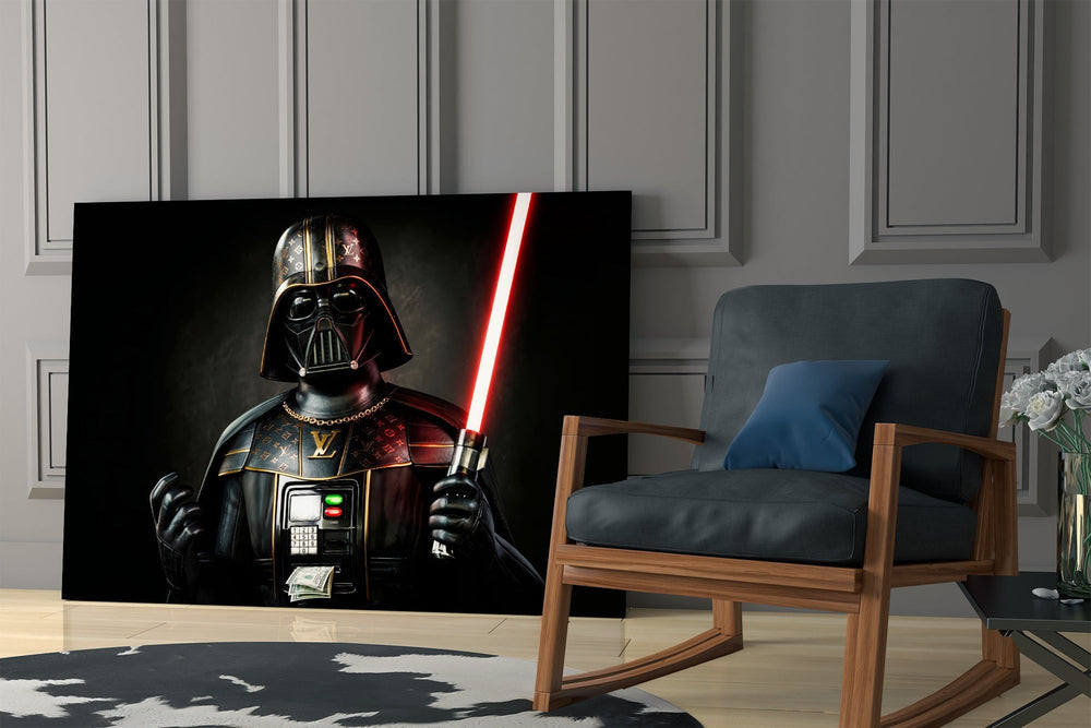 Money-machine Vader cinematic glass wall art in private library reading nook