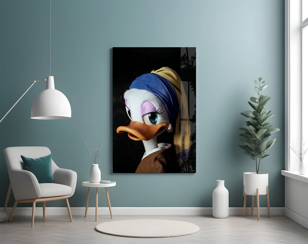 Cobalt-headscarf duck cinematic glass wall art in glamorous powder-room