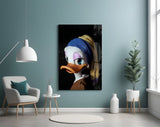 Cobalt-headscarf duck cinematic glass wall art in glamorous powder-room