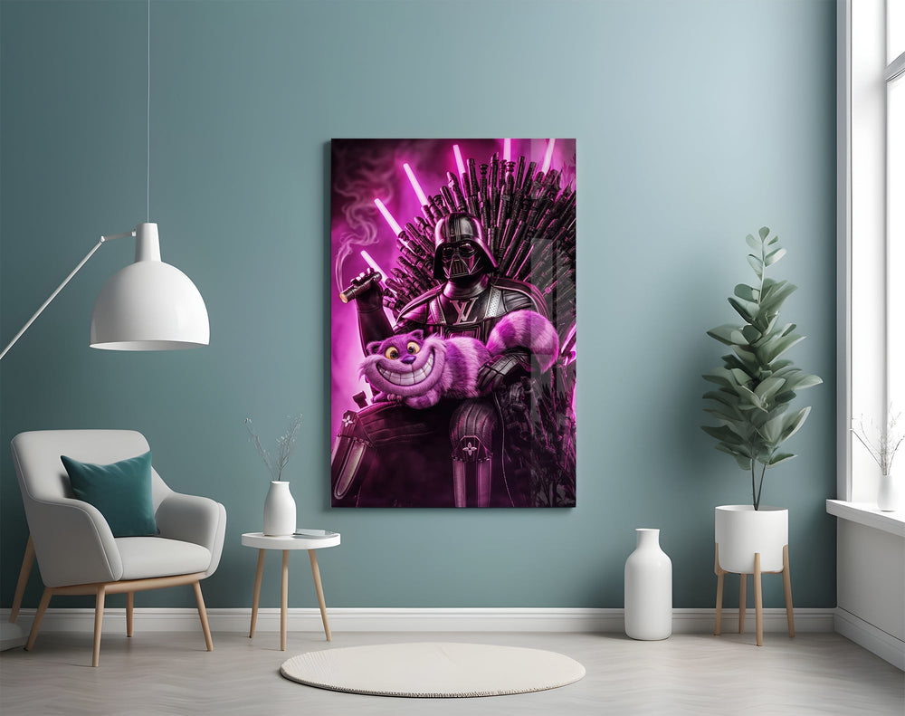 Iron-throne parody cinematic glass wall art in film-screening room