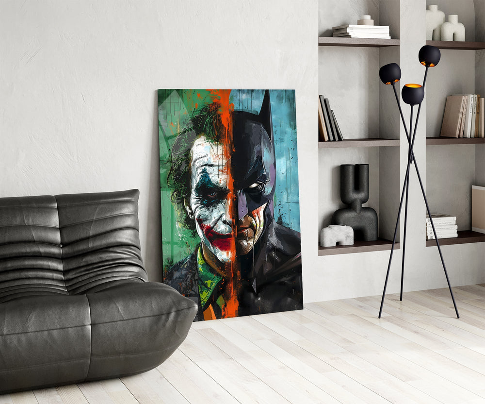 Tangerine-drip split cinematic glass wall art over modern bar console