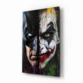 Joker Batman morph cinematic glass wall art over walnut console in designer entertainment den