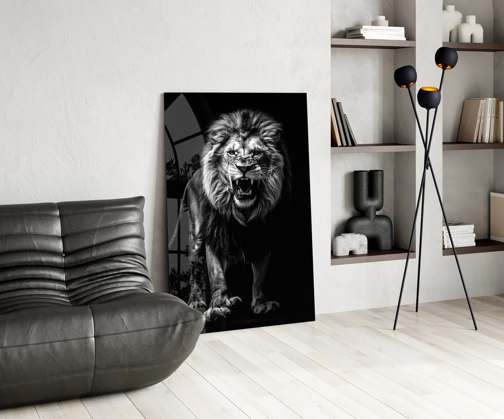 Black-and-white lion cinematic glass wall art over modern dining sideboard