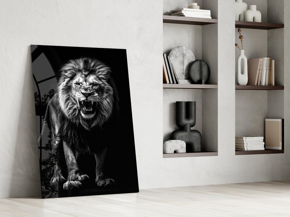 Nick-Brandt-style cinematic glass wall art in mountain-cabin great room