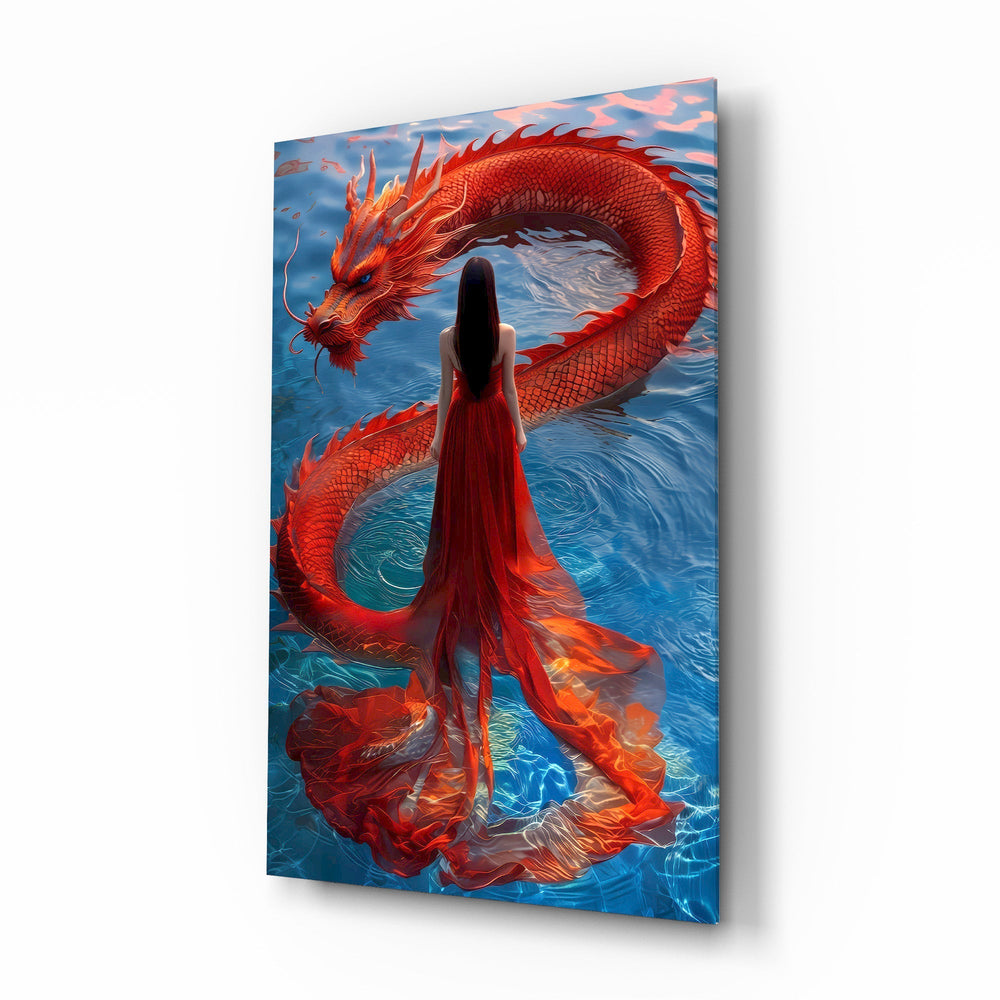 Red dragon Hanfu bride cinematic glass wall art over walnut console in designer fashion atelier