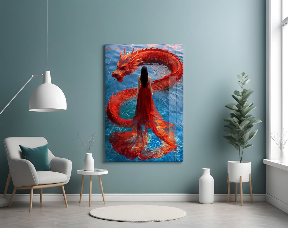 Crimson silk hanfu cinematic glass wall art in boutique-hotel suite