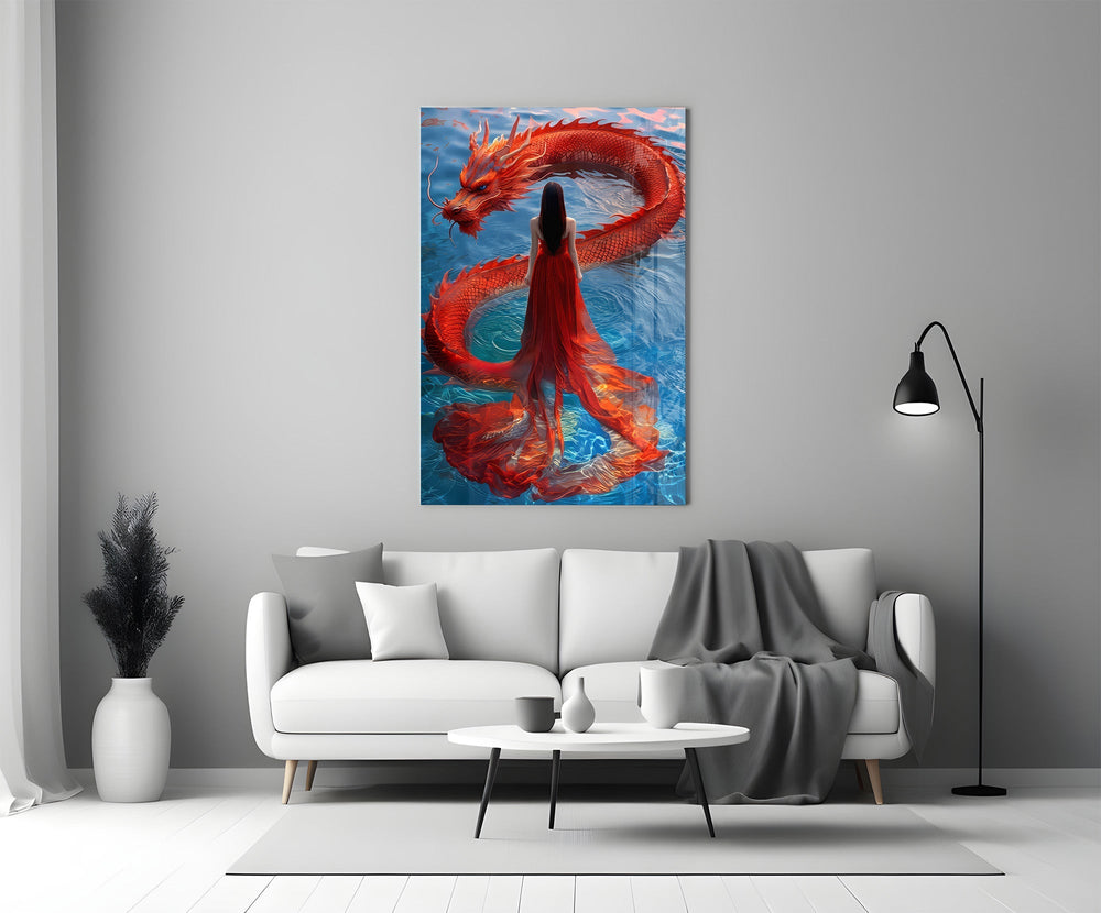 Chinese dragon mythology cinematic glass wall art in heritage stairwell