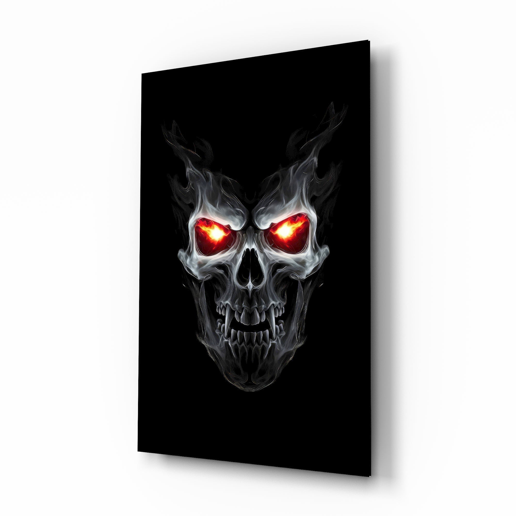 Flame eyed demon skull cinematic glass wall art over walnut console in designer entertainment den