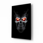 Flame eyed demon skull cinematic glass wall art over walnut console in designer entertainment den