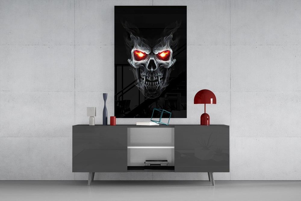 Occult fantasy cinematic glass wall art in masculine-luxe study