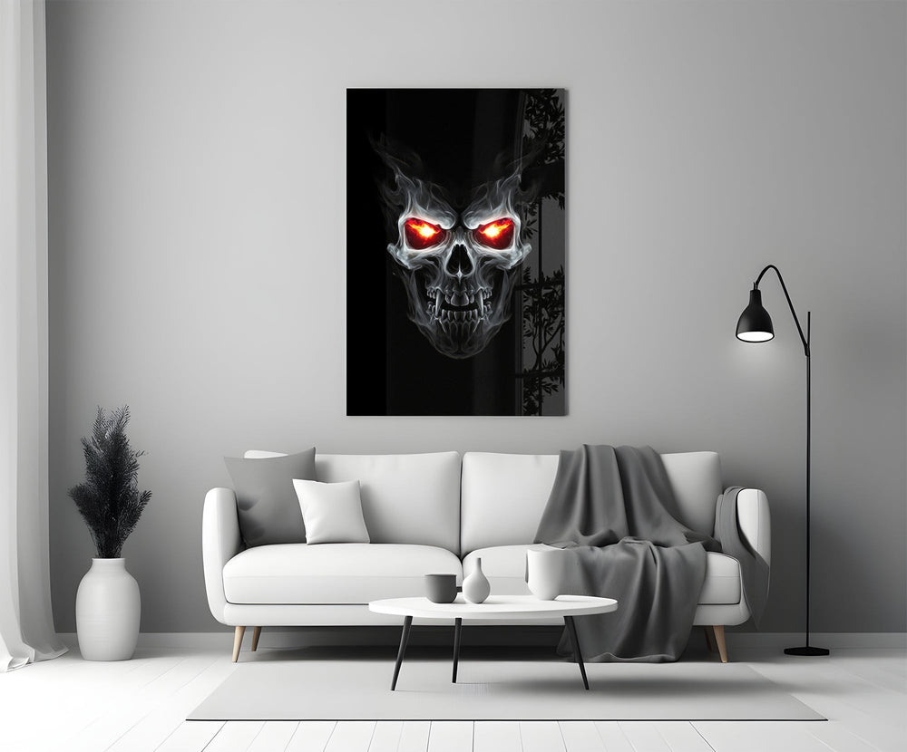 Scarlet flame-eye cinematic glass wall art in heritage stairwell