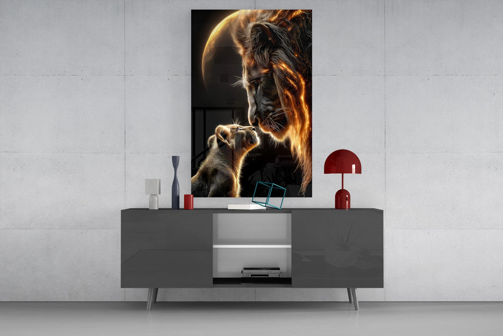 Regal-wildlife cinematic glass wall art in masculine-luxe study