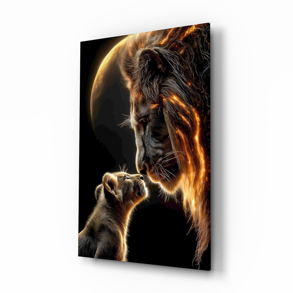 Lion father and cub cinematic glass wall art over walnut console in designer family room