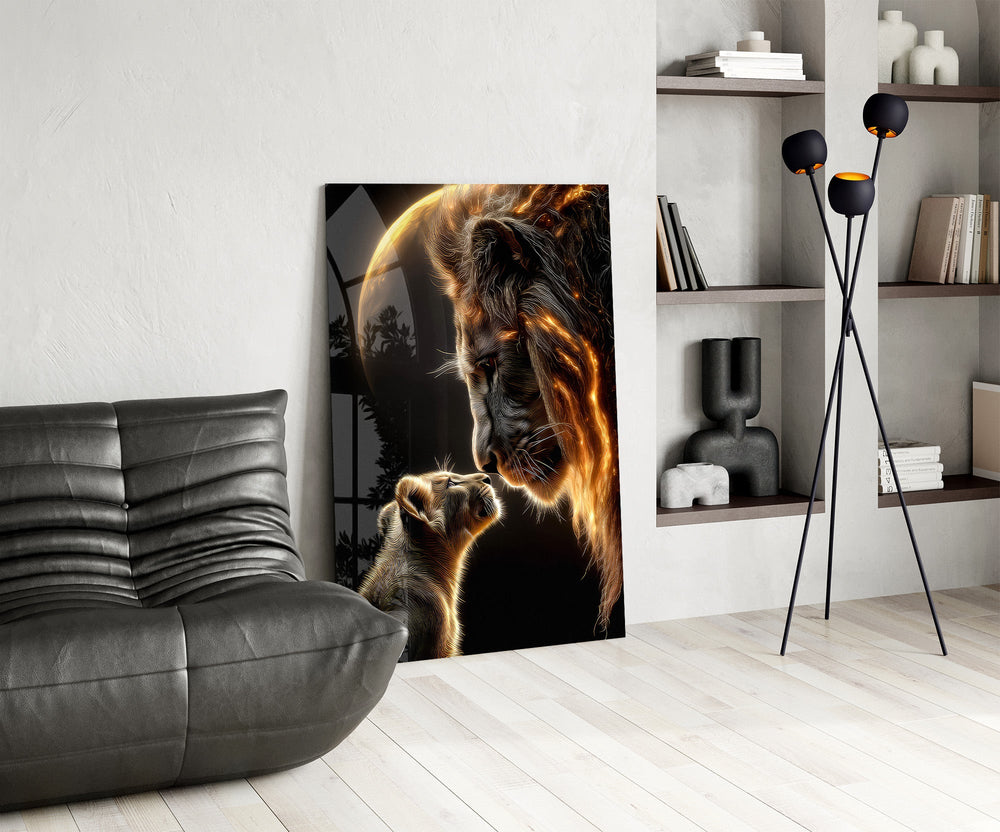 Saffron-moon lion cinematic glass wall art over modern dining sideboard