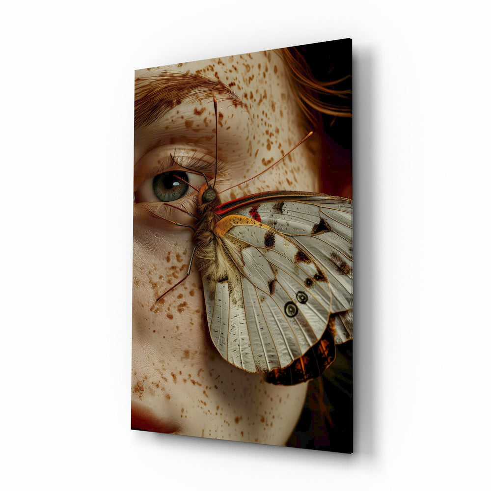 Freckled eye butterfly wing cinematic glass wall art over walnut console in designer fashion atelier