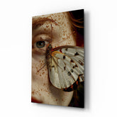 Freckled eye butterfly wing cinematic glass wall art over walnut console in designer fashion atelier