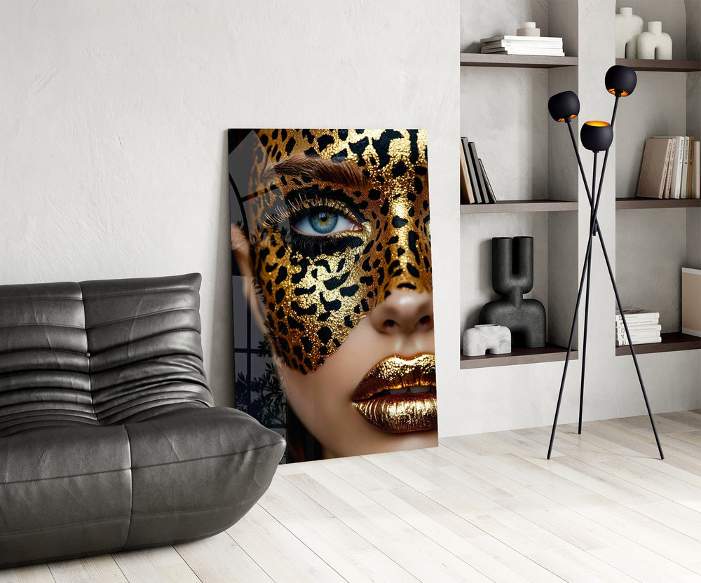 Leopard rosette beauty cinematic glass wall art over modern dining sideboard
