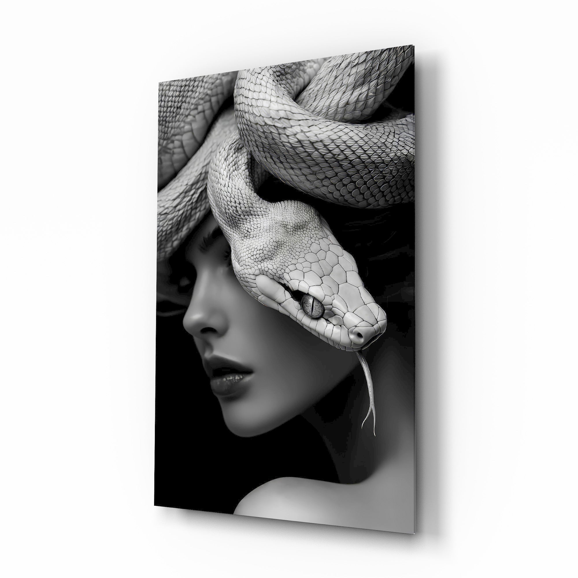 Snake headdress goth muse cinematic glass wall art over walnut console in designer fashion atelier