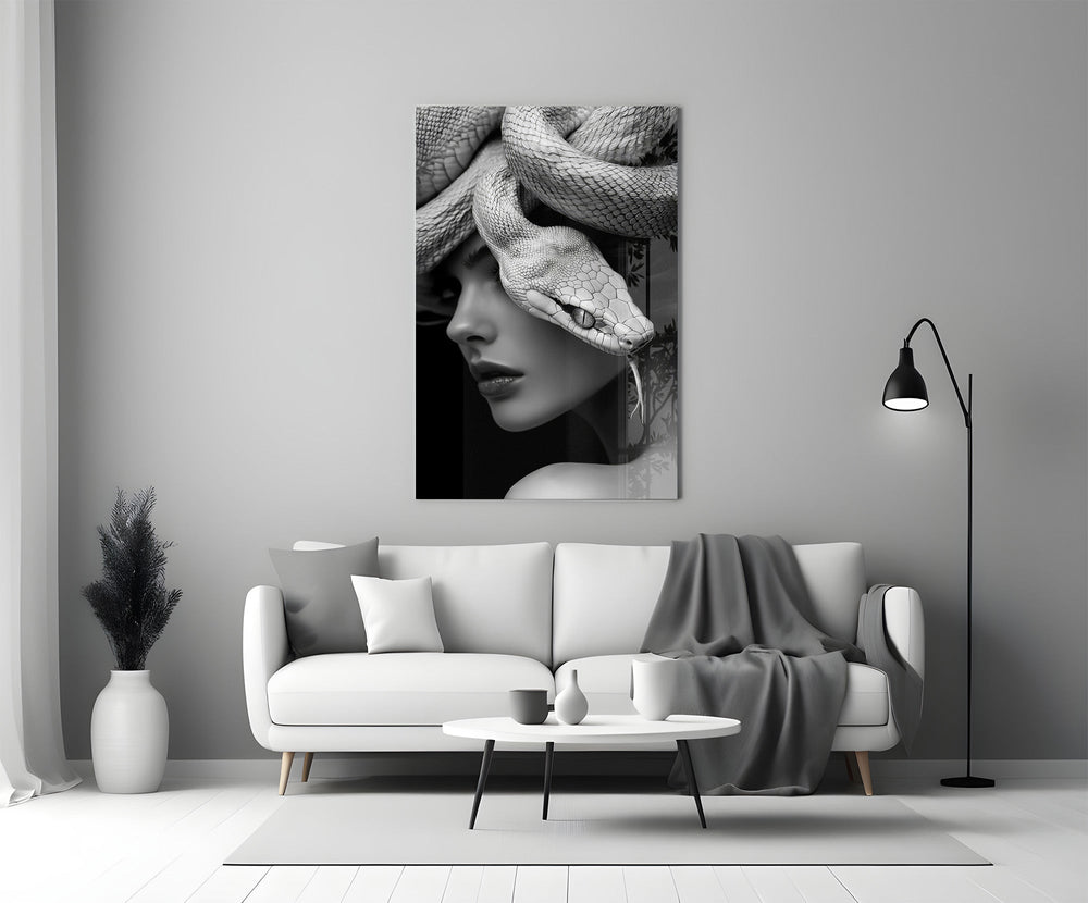 Helmut-Newton style cinematic glass wall art in heritage stairwell