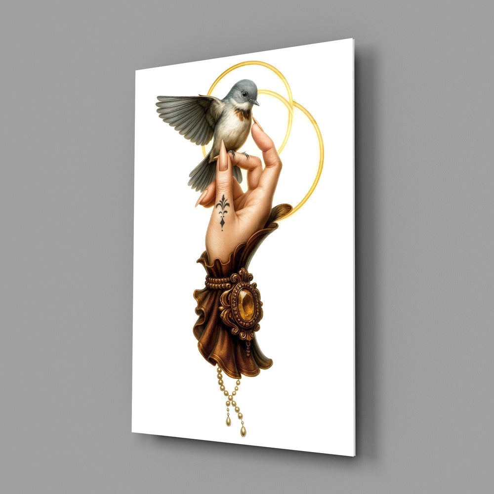 Mucha decorative cinematic glass wall art in feminine-luxe boudoir