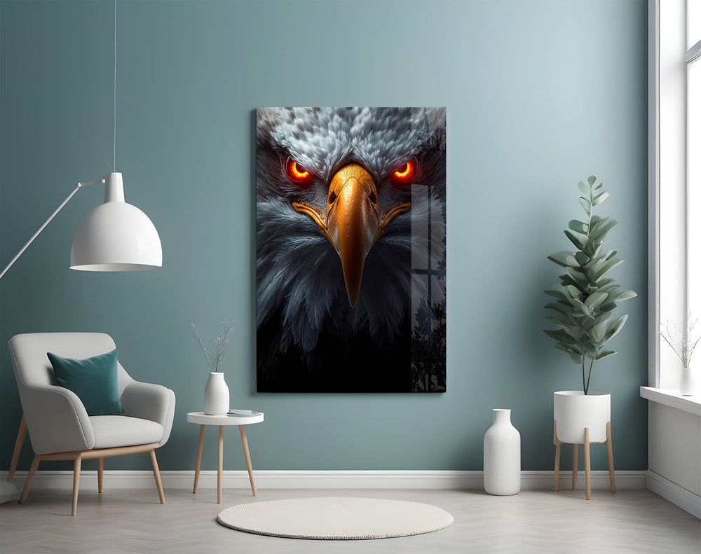 Saffron-beak eagle cinematic glass wall art in sports-viewing den