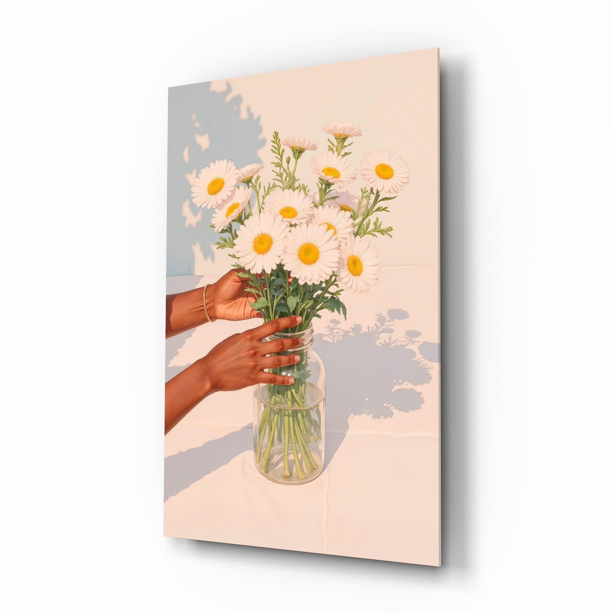 Daisy bouquet mason jar cinematic glass wall art over walnut console in designer kitchen