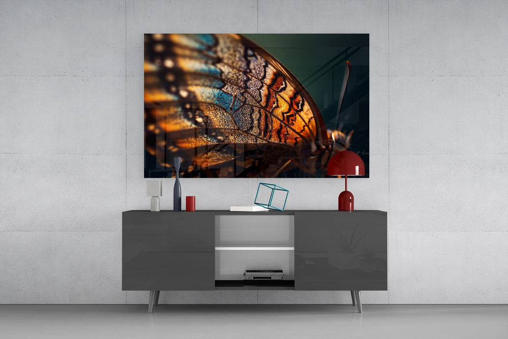 Wing-cell macro cinematic glass wall art in light-filled atelier