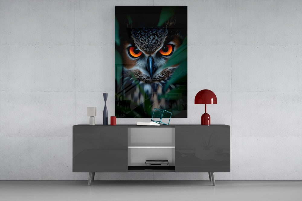 Fine-art fantasy cinematic glass wall art in boutique-hotel lounge