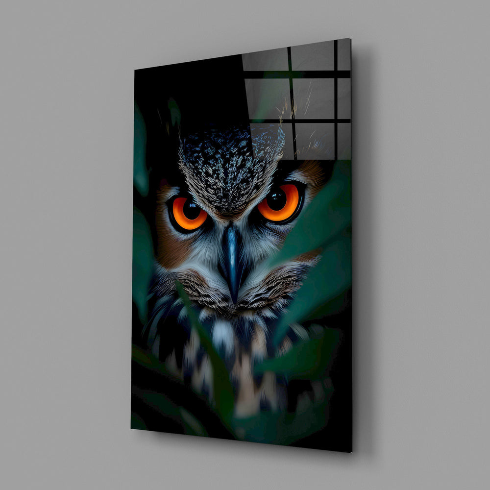 Nocturnal predator cinematic glass wall art in mountain-cabin great room