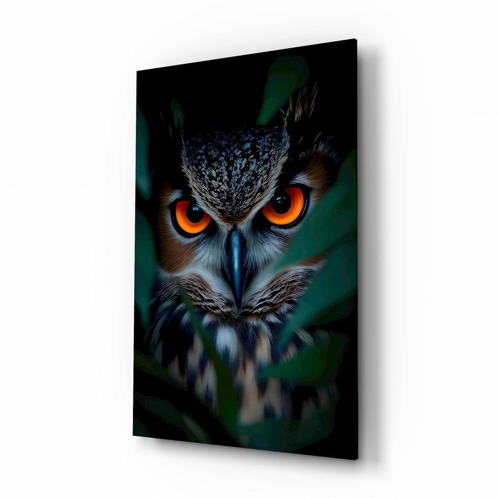 Owl in foliage cinematic glass wall art over walnut console in designer office