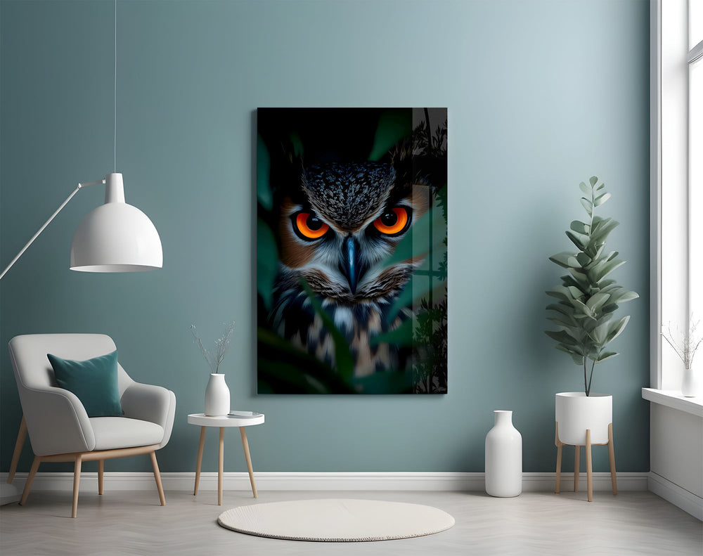 Emerald jungle owl cinematic glass wall art in child's adventure bedroom
