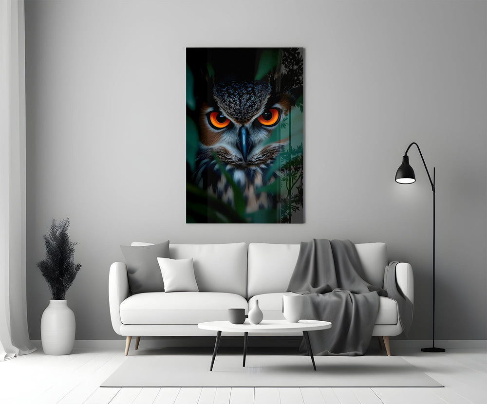 Saffron-eye owl cinematic glass wall art in heritage stairwell