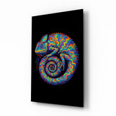 Psychedelic rainbow chameleon cinematic glass wall art over walnut console in designer entertainment den