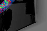 Neon-rainbow chameleon cinematic glass wall art in streetwear-boutique entry