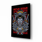 Mecha Geisha red cinematic glass wall art over walnut console in designer entertainment den