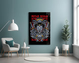 Tattoo-flash cinematic glass wall art in tattoo-studio reception