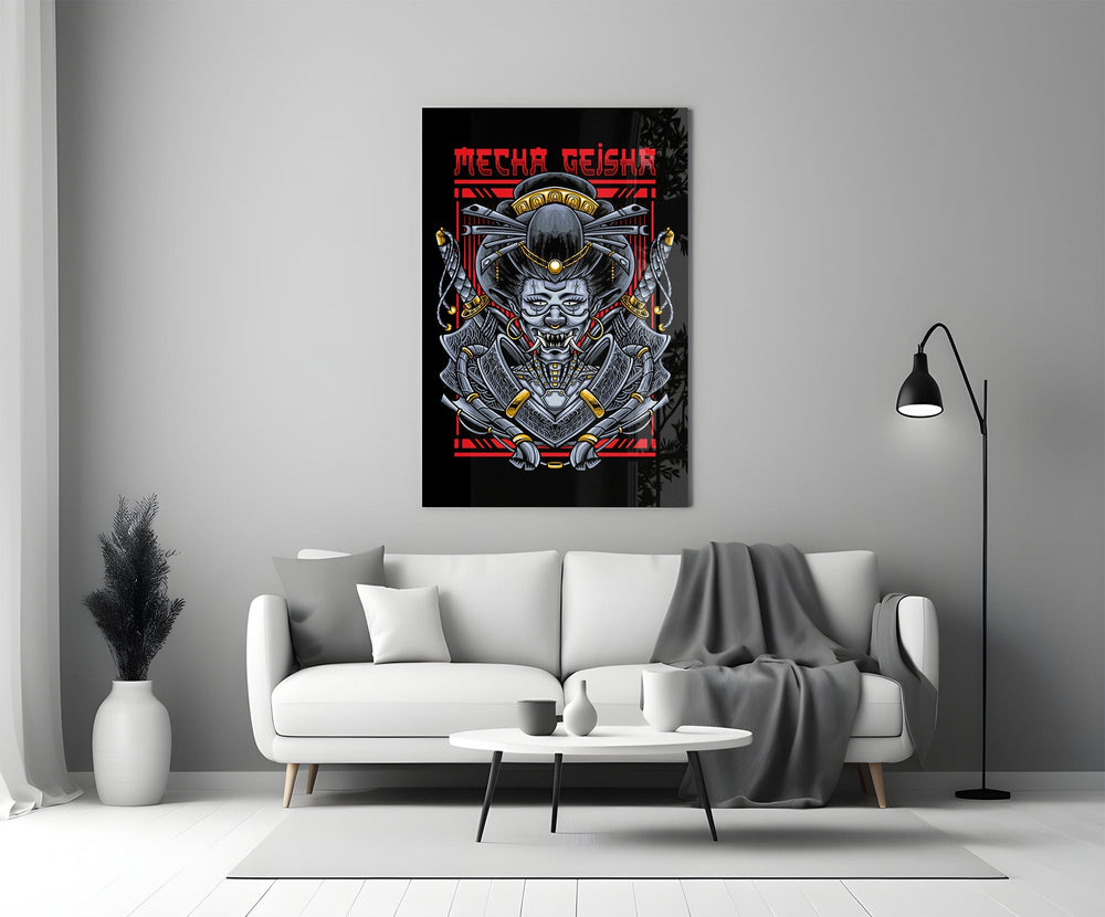 Scarlet cyborg cinematic glass wall art in heritage stairwell
