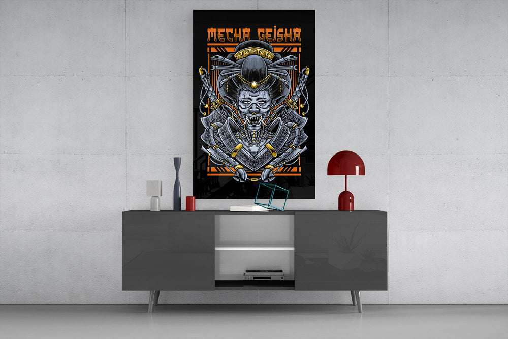 Streetwear graphic cinematic glass wall art in masculine-luxe study