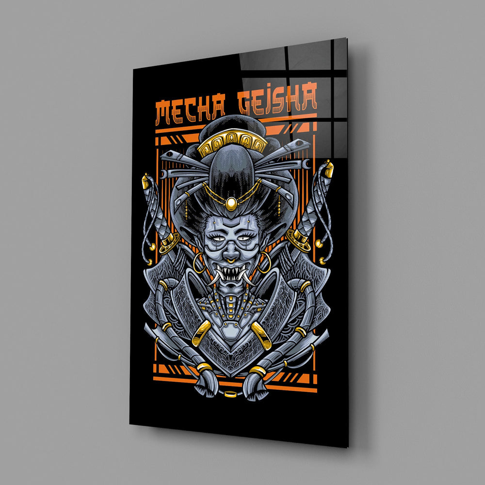 Cyber samurai streetwear cinematic glass wall art in teen alt-music-fan bedroom
