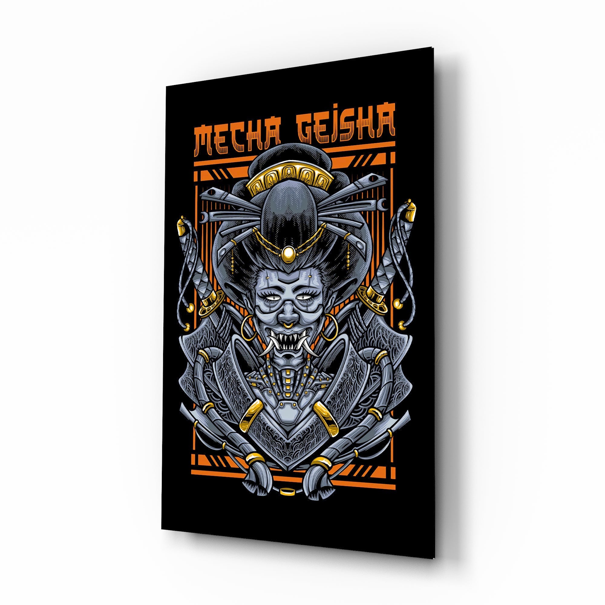 Mecha Geisha orange cinematic glass wall art over walnut console in designer entertainment den