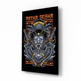 Mecha Geisha orange cinematic glass wall art over walnut console in designer entertainment den