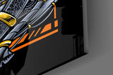 Tangerine cyborg cinematic glass wall art in streetwear-boutique entry