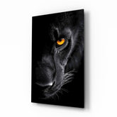 Black panther saffron eye cinematic glass wall art over walnut console in designer office