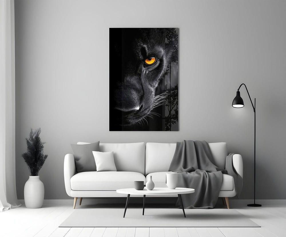 Saffron-eye panther cinematic glass wall art in heritage stairwell