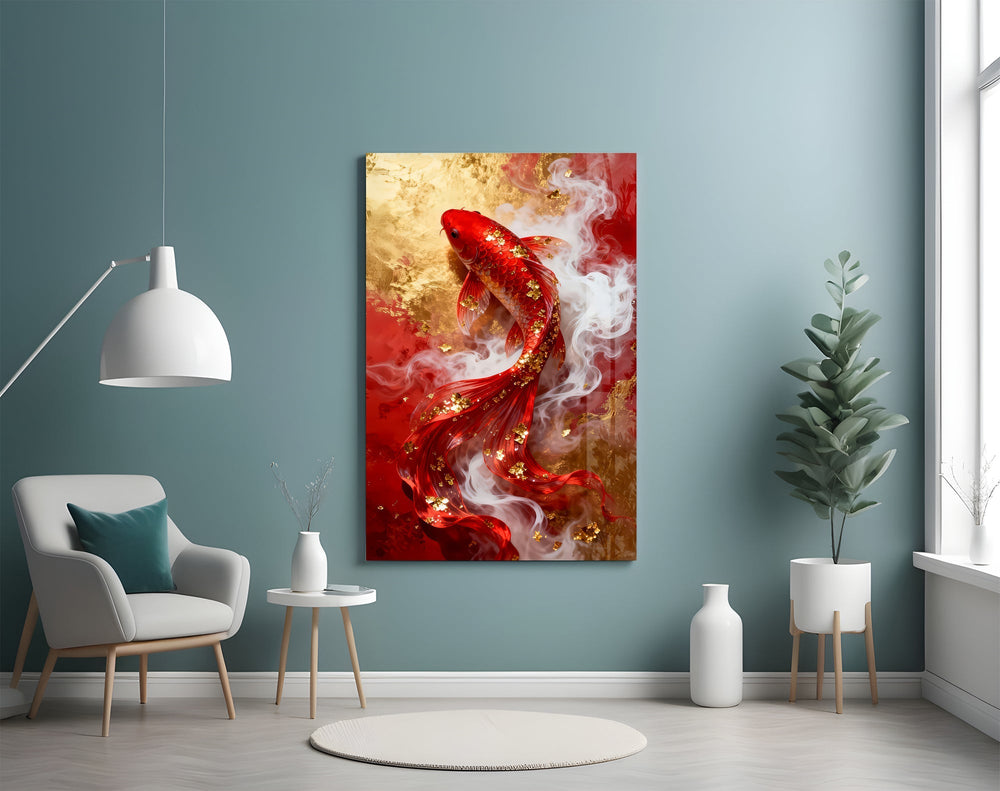 Fluid-art koi cinematic glass wall art in boutique-hotel suite